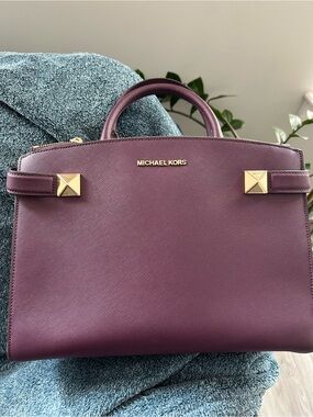 Michael Kors Wine Saffiano Leather Satchel with Gold Hardware